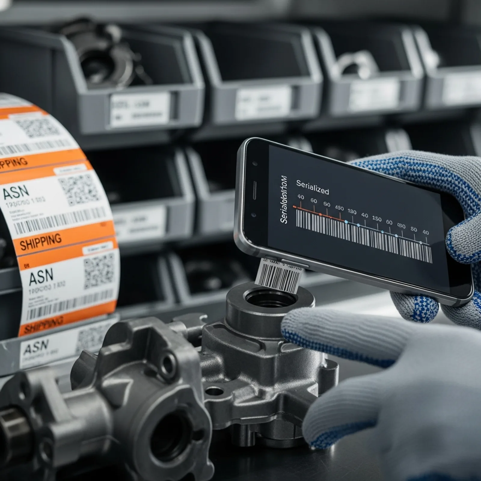 A gloved hand scans a barcode on an automotive component with a mobile device.