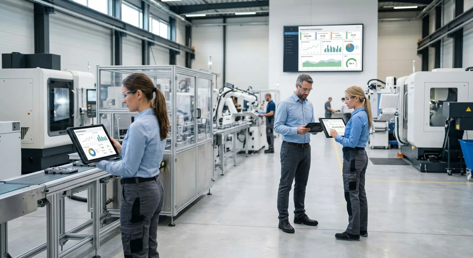 Manufacturing quality team reviewing QMS software dashboards on a tablet in a clean production facility