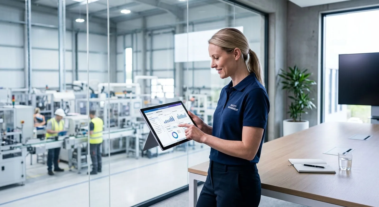 Quality manager reviewing audit management software dashboard in a manufacturing facility