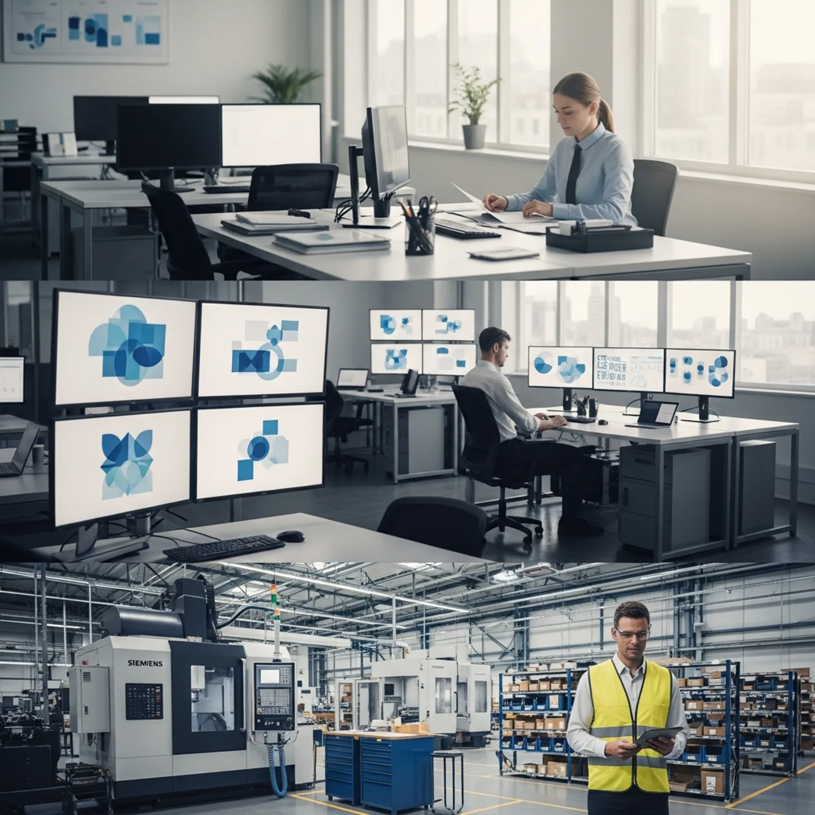 Modern manufacturing facility with layered horizontal bands showing office, operations, and shop floor.