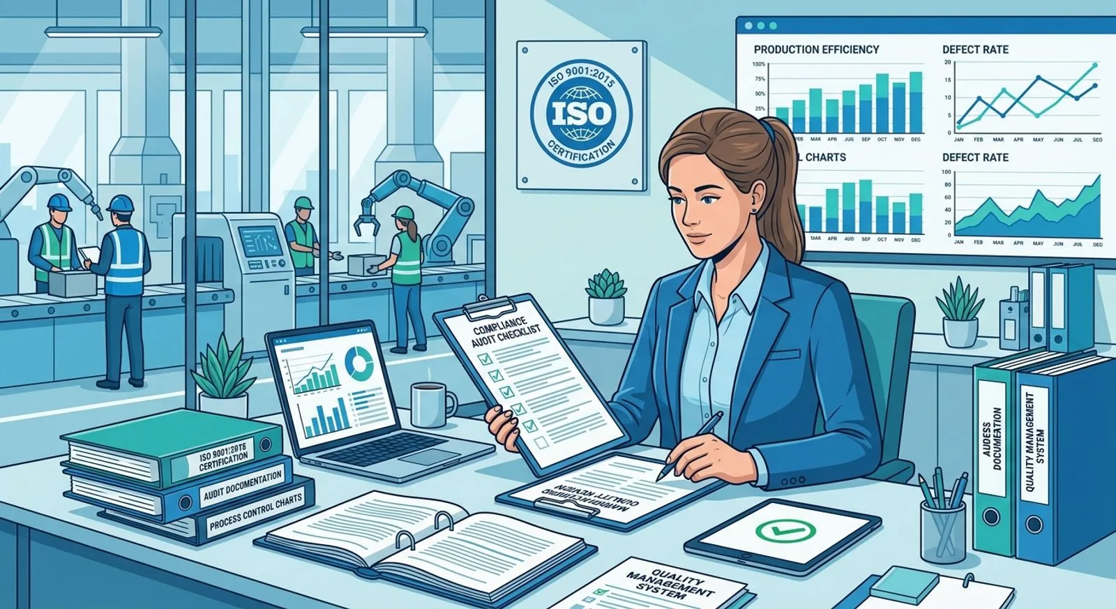 Manufacturing quality auditor reviewing compliance documentation on the factory floor