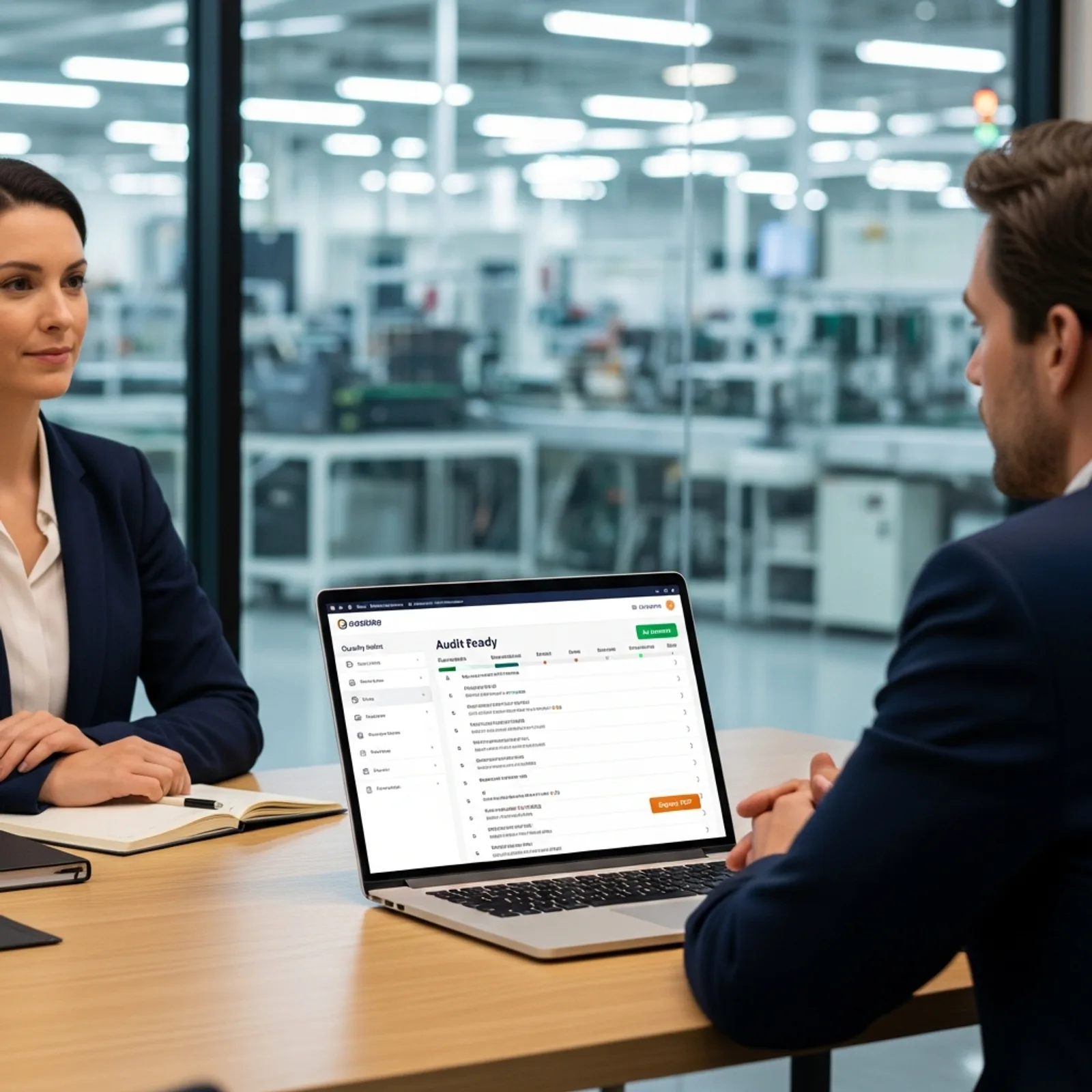 A quality manager and auditor review a compliance report on a laptop in a modern manufacturing office.